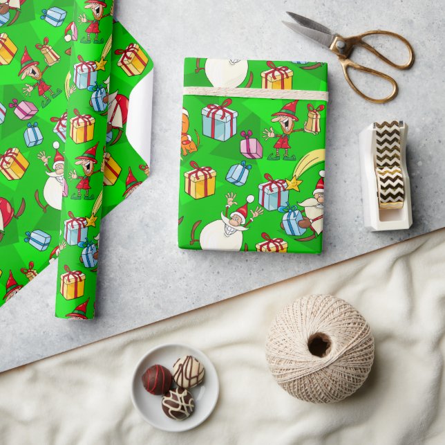 Papel De Presente Papai Noel Verde Brilhante & Elfos Natal (Artesanato)