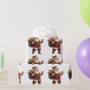 Papel De Presente Papai Noel Vintage com Saco de Brinquedos e Doce D