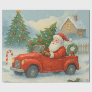 Papel De Presente Papai Noel Vintage Dirigindo Carro Vermelho Aquare