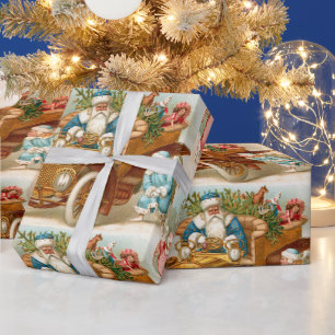 Papel De Presente Papai Noel Vintage em Carro Dourado e Anjos de Nat