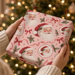 Papel De Presente Papai Noel Vintage Rosa e Arco Vermelho de Natal