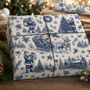 Papel De Presente Papai Noel Vintage Toile de Natal Azul Marinho e M
