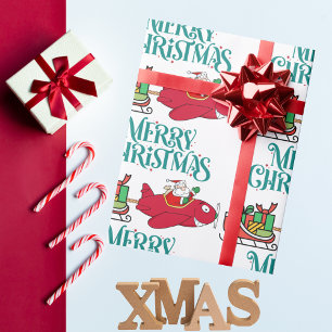 Papel De Presente Papai Noel Voando de Avião, Trenó e presentes,Nata