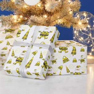 Papel De Presente Papai Noel Xadrez Amarelo Chique Com Bolsas