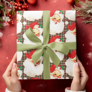 Papel De Presente Papai Noel Xadrez Natal Festivo Vintage