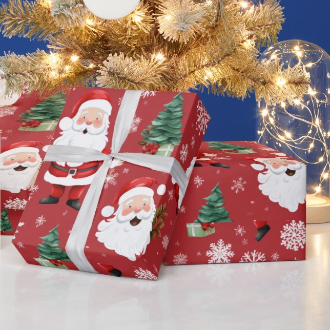 Papel De Presente Papais noeis Árvores Flocos de Neve Natal Vermelho (Feriados)