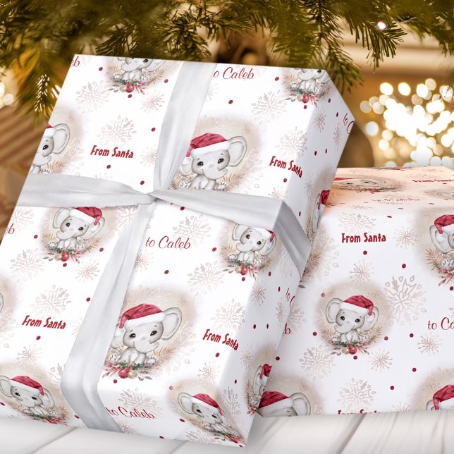Papel De Presente Papais noeis bonitos Elefante Red White Name Natal (Cute Santa Elephant Red White Boy Name Christmas Wrapping Paper)