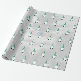 Papel De Presente Papais noeis bonitos Gnome Padrão verde cinza bran