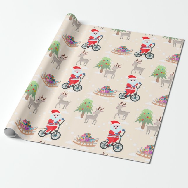 Papel De Presente Papais noeis Bonitos No Padrão De Natal Da Bicicle (Desenrolado)