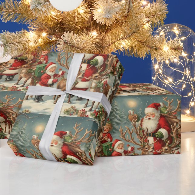 Papel De Presente Papais noeis com crianças, renas e presentes (Feriados)