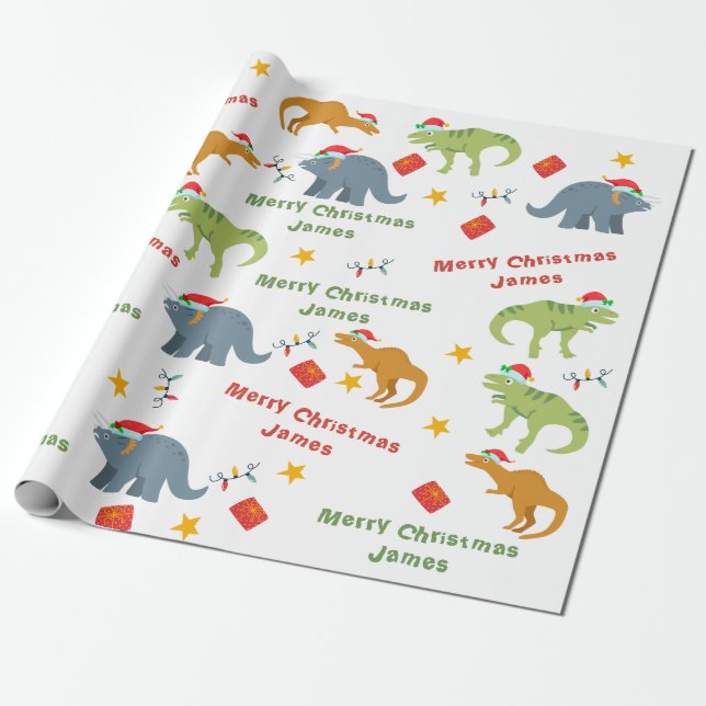Papel De Presente Papais noeis de dinossauro bonitos personalizados  (Desenrolado)