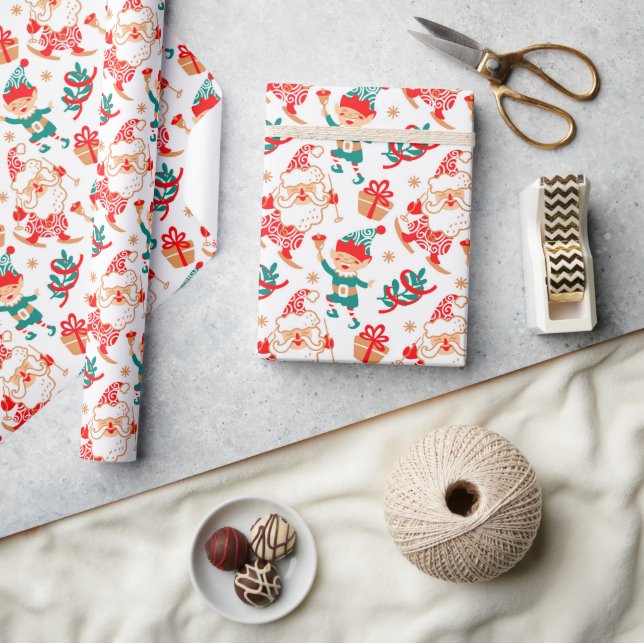 Papel De Presente Papais noeis de Esqui Whimsical Elves Feriados de  (Artesanato)