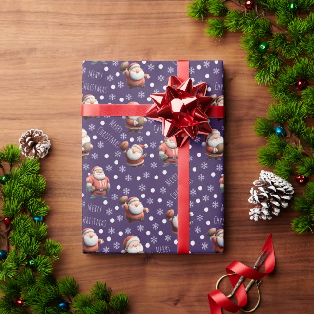 Papel De Presente Papais noeis de futebol em roxo escuro (Presente de Natal)