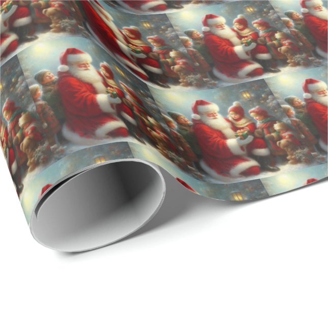 Papel De Presente Papais noeis de Natal com Crianças 2 (Ponta do rolo)