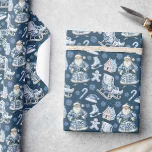 Papel De Presente Papais noeis de Natal da Chinoiserie Azul e Branca