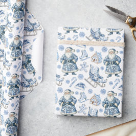 Papel De Presente Papais noeis de Natal da Chinoiserie Azul e Branca