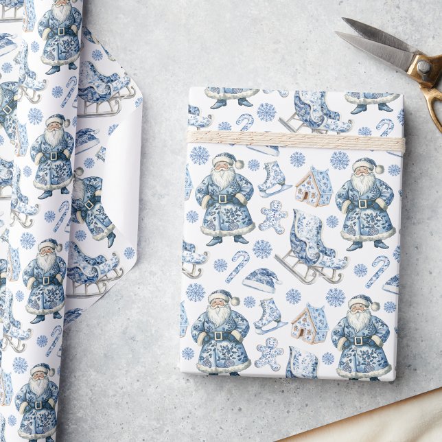 Papel De Presente Papais noeis de Natal da Chinoiserie Azul e Branca (Criador carregado)