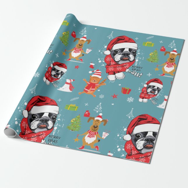 Papel De Presente Papais noeis de Natal do Buldogue Francês (Desenrolado)