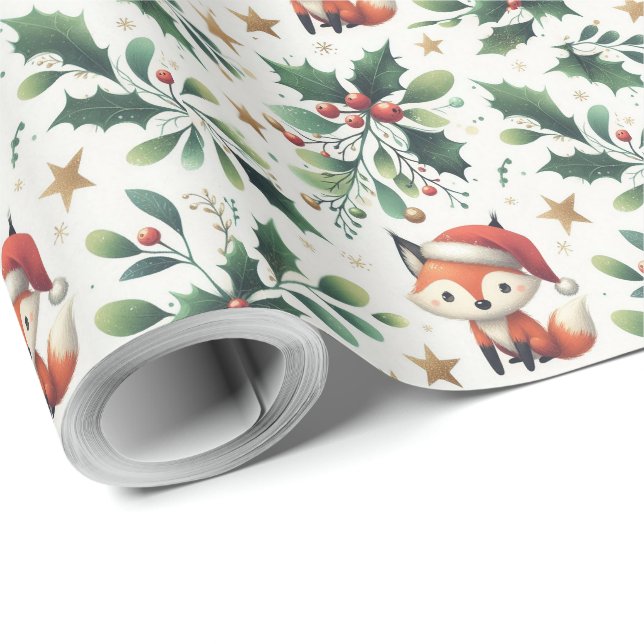Papel De Presente Papais noeis de Natal fofos fox wreath (Ponta do rolo)