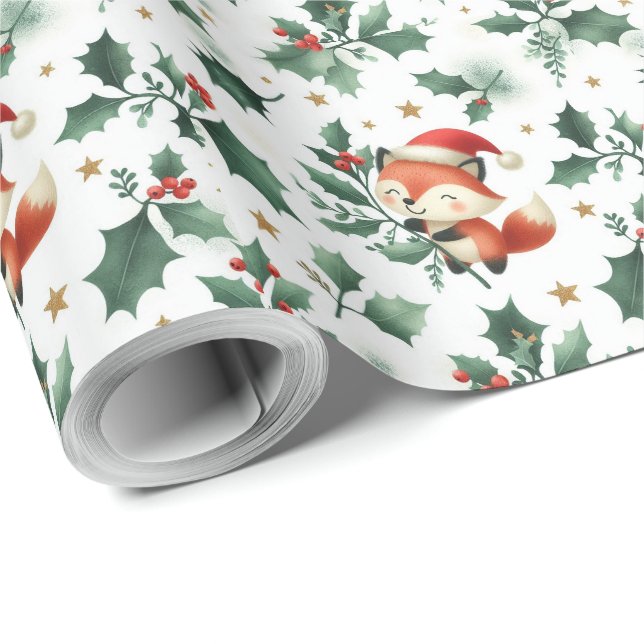 Papel De Presente Papais noeis de Natal fofos fox wreath (Ponta do rolo)