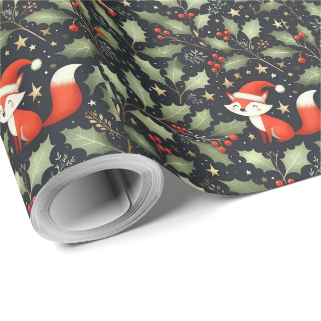 Papel De Presente Papais noeis de Natal fofos fox wreath (Ponta do rolo)
