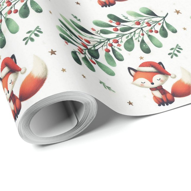 Papel De Presente Papais noeis de Natal fofos fox wreath (Ponta do rolo)