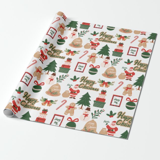 Papel De Presente Papais noeis de Natal modernos e padrão de pão de  (Desenrolado)