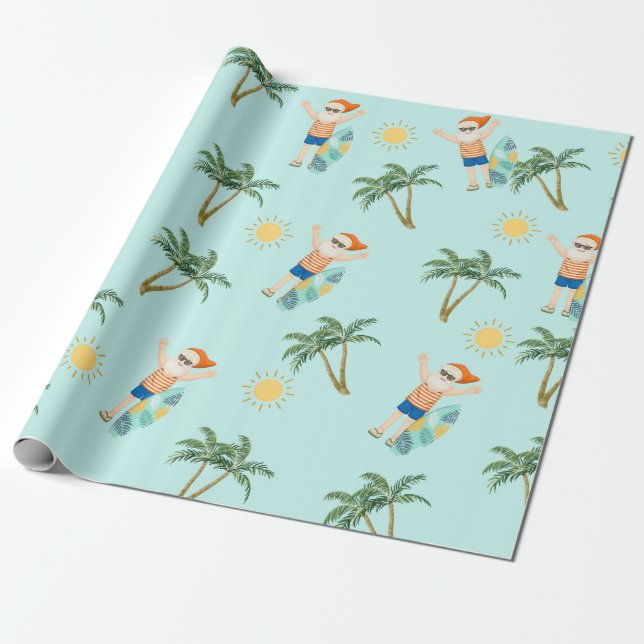 Papel De Presente Papais noeis de Natal Verão de praia tropical (Desenrolado)