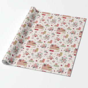Papel De Presente Papais noeis de Padrão Floral Moderno Sleigh Chri