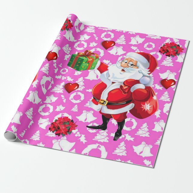 Papel De Presente Papais noeis de Papel de Moldagem de Natal Rosa (Desenrolado)