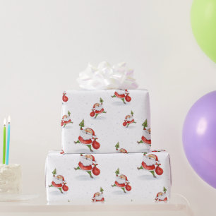 Papel De Presente Papais noeis de patinação Desenho de aquarelas d