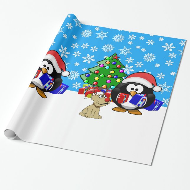 Papel De Presente Papais noeis de pinguim e cão-de-rena (Desenrolado)