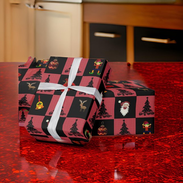 Papel De Presente Papais noeis de tabuleiro Snowman Wreath Black Red (Criador carregado)