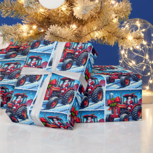 Papel De Presente Papais noeis Dirigindo Um Trator Vermelho No Natal