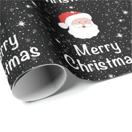 Papel De Presente Papais noeis e flocos de neve sobre fundo preto no