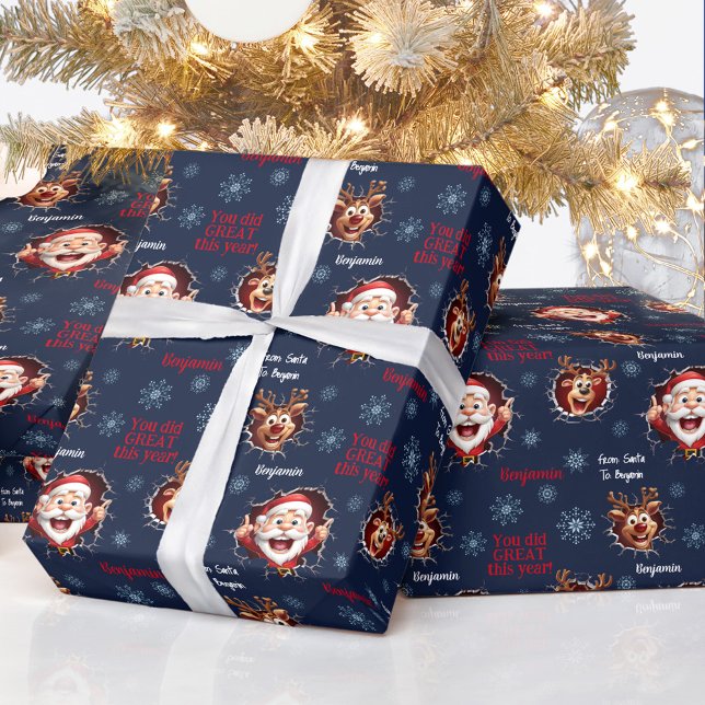 Papel De Presente Papais noeis Engraçados Rebeldes Nome Marinho Azul (Funny Santa Reindeers Name Navy Blue Christmas Wrapping Paper)