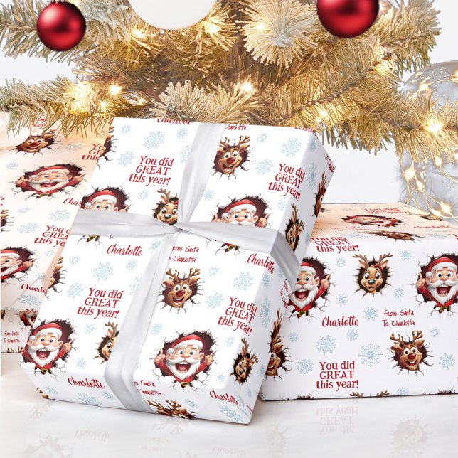 Papel De Presente Papais noeis Engraçados Rebeldes Nome Rapariga Tex (Funny Santa Reindeers Girl Name Text Christmas Wrapping Paper)