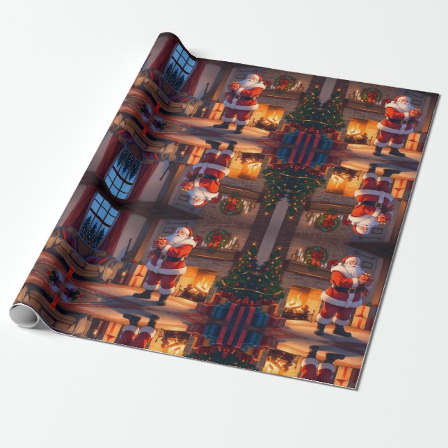 Papel De Presente Papais noeis entregando brinquedos para crianças,  (Desenrolado)