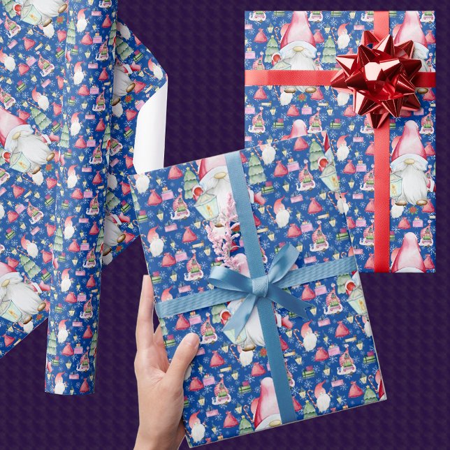 Papel De Presente Papais noeis Gnome para Natal Padrão Azul (Criador carregado)