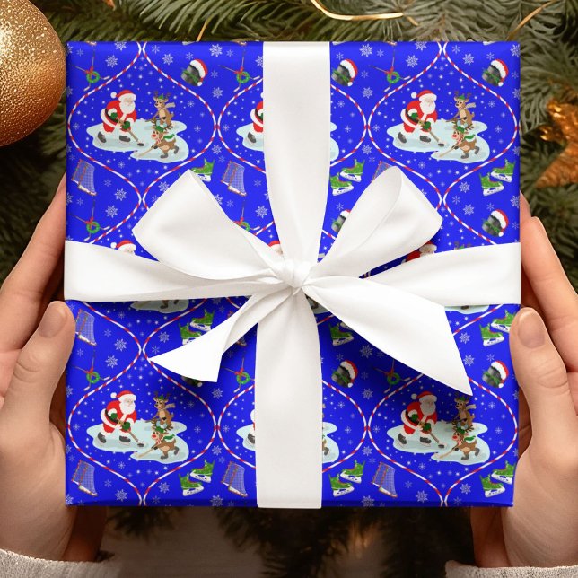 Papel De Presente Papais noeis Jogando Hóquei no Gelo Padrão Azul (Criador carregado)