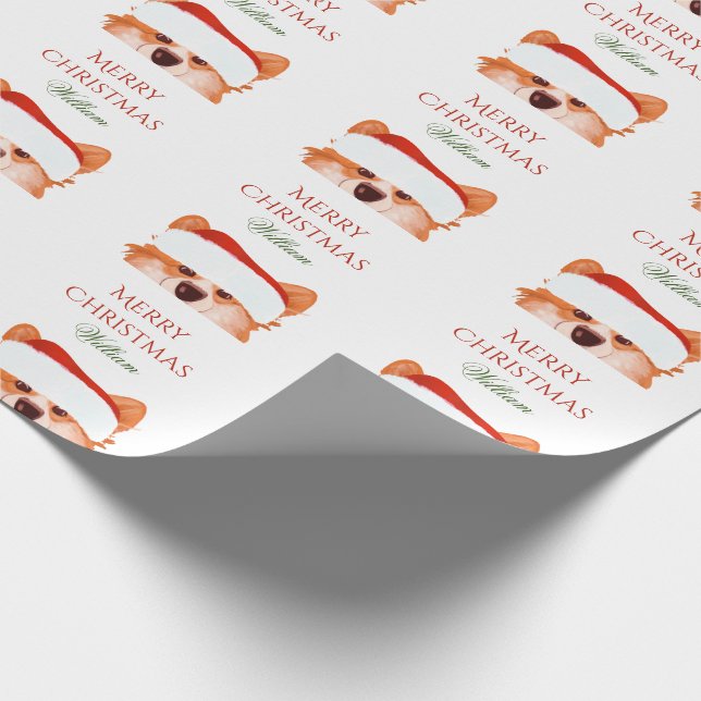 Papel De Presente Papais noeis Orange Corgi Merry Christmas Name  (Ponta)