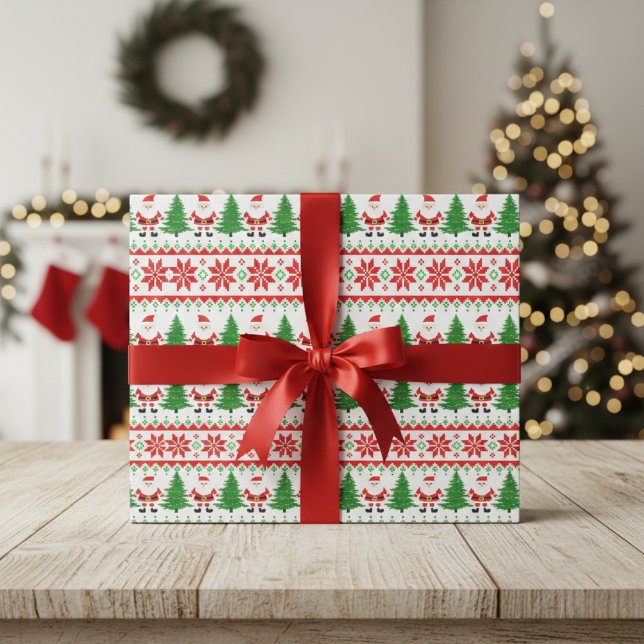Papel De Presente Papais noeis Pixelados Suores Feios Festivos (Ugly Sweater Pixelated Santa Festive Stripes Wrapping Paper)