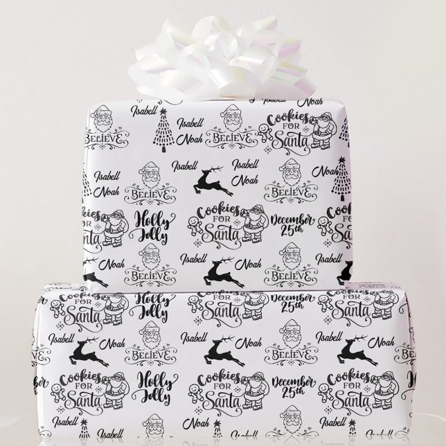 Papel De Presente Papais noeis Pretos de Natal Branco Personalizam N (Criador carregado)