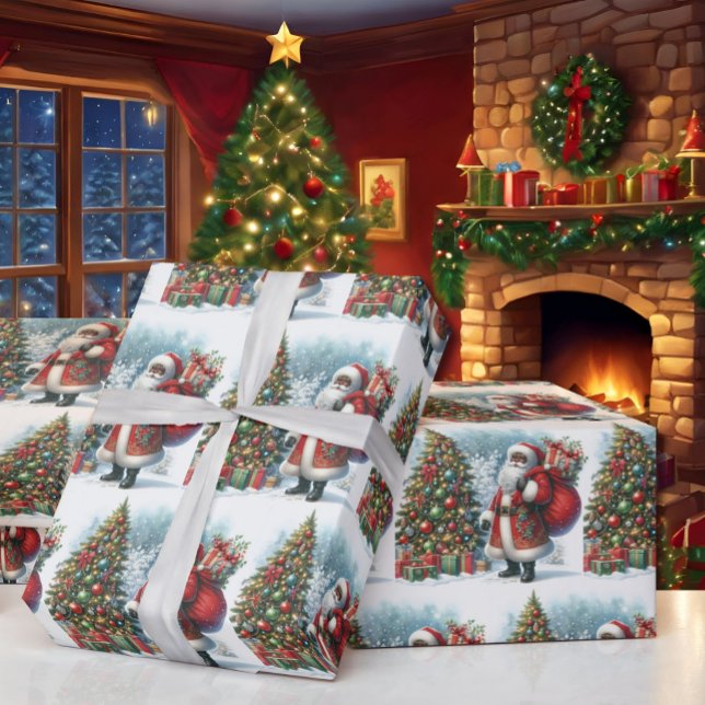 Papel De Presente Papais noeis pretos na árvore e presentes de Natal (Criador carregado)