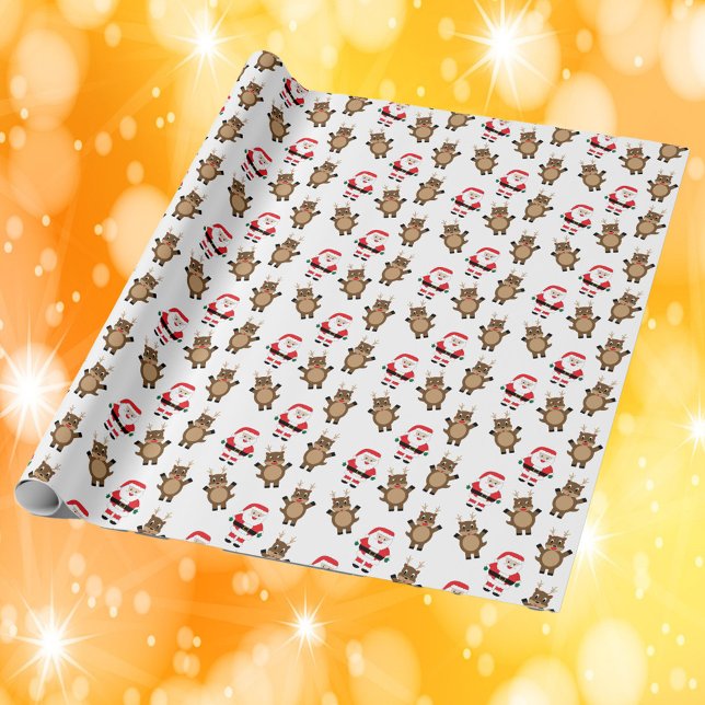 Papel De Presente Papais noeis Red Reindeer White Background Pattern (Wrapping paper with a pattern of Santa and reindeer.)