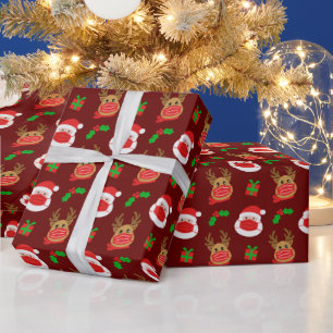 Papel De Presente Papais noeis Reindeer Face Máscara Vermelho Escur