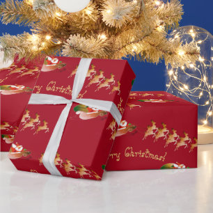 Papel De Presente Papais noeis Sleigh Text em Vermelho