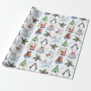 Papel De Presente Papais noeis: Snowman Cat Penguin Wraping Paper