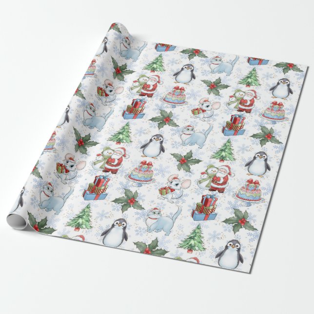 Papel De Presente Papais noeis: Snowman Cat Penguin Wraping Paper (Desenrolado)