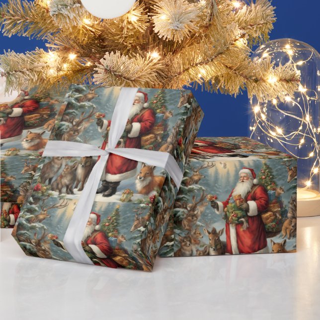 Papel De Presente Papais noeis vitorianos com animais presentes e fl (Feriados)